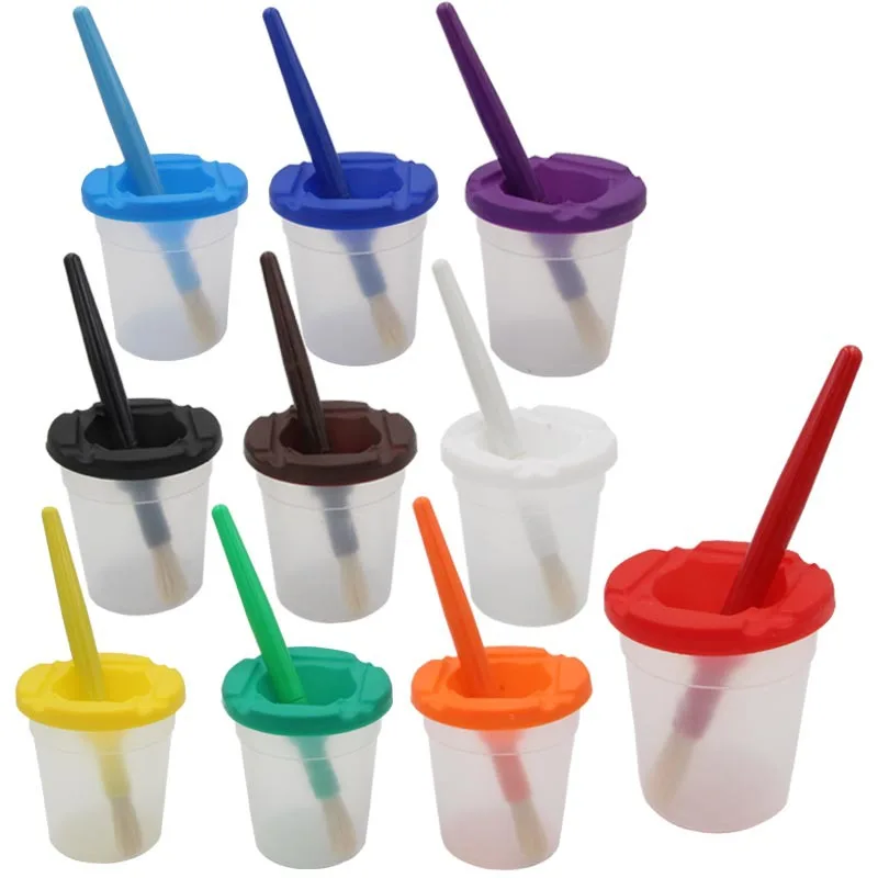 

10 Color Children's Splash Proof Paint Cup With Cover And 10 Color Plastic Handle Large Circular Brush