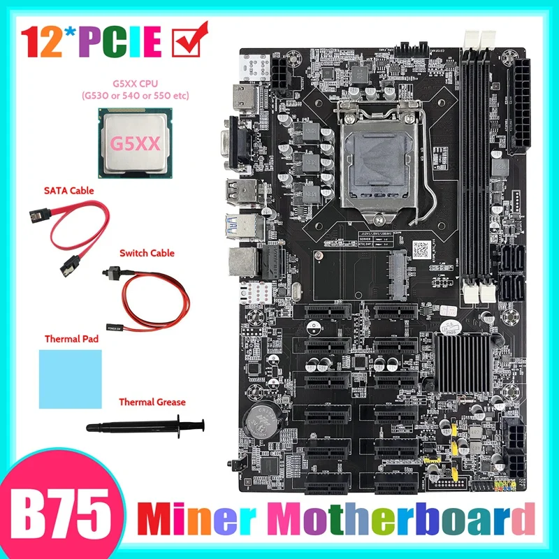 B75 12 PCIE ETH Mining Motherboard+G5XX CPU+SATA Cable+Switch Cable+Thermal Pad+Thermal Grease BTC Miner Motherboard