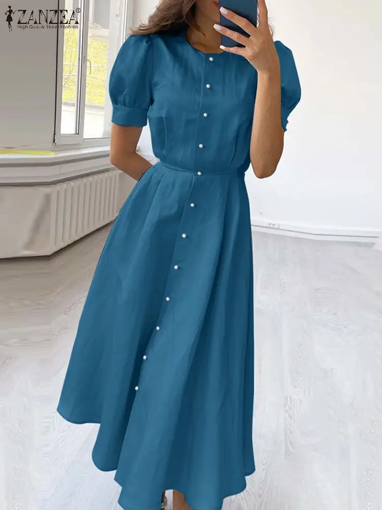 

ZANZEA Elegant O-neck Waisted Sundress Single Breast Dress Women Fashion Puff Short Sleeve Midi Vestidos Party Holiday 2023 Robe