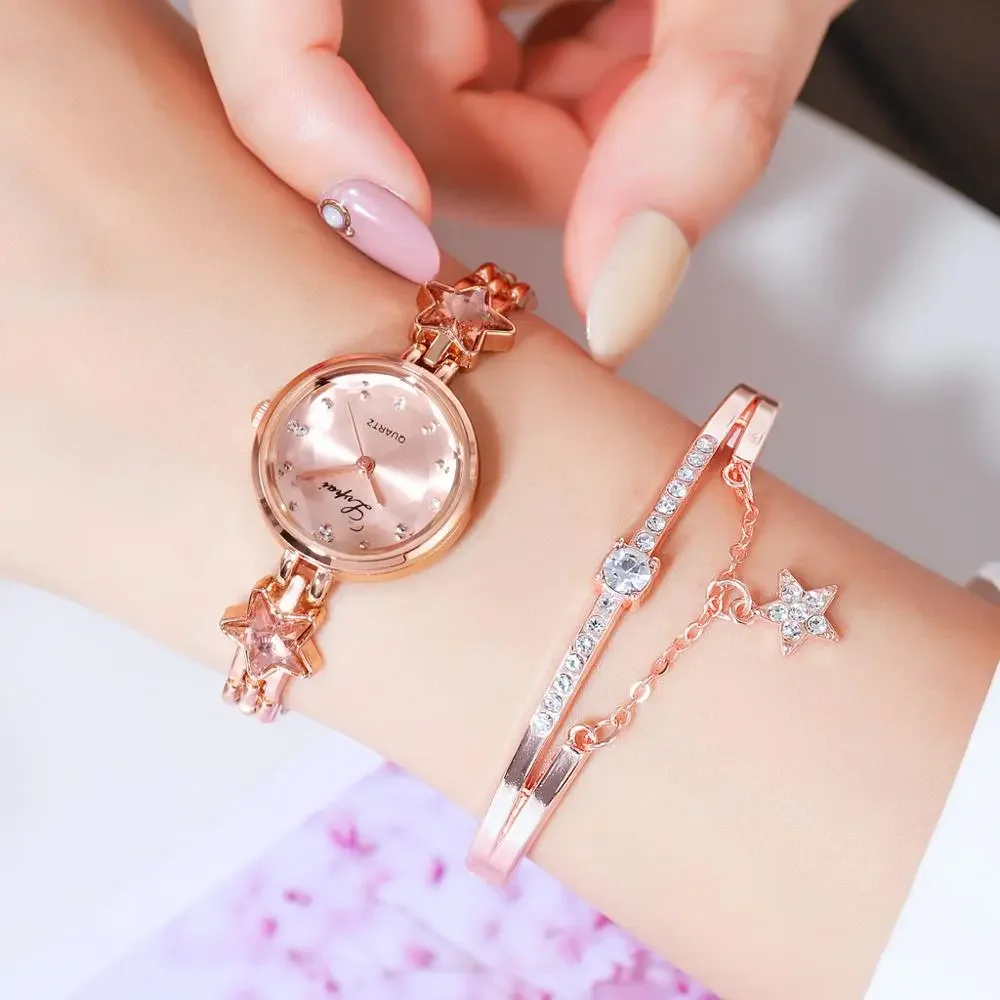 Brand Luxury Bracelet Watches Set For Women Fashion Rhinestone Star Bracelet Watch Ladies Dress Watches New Zegarek Damski