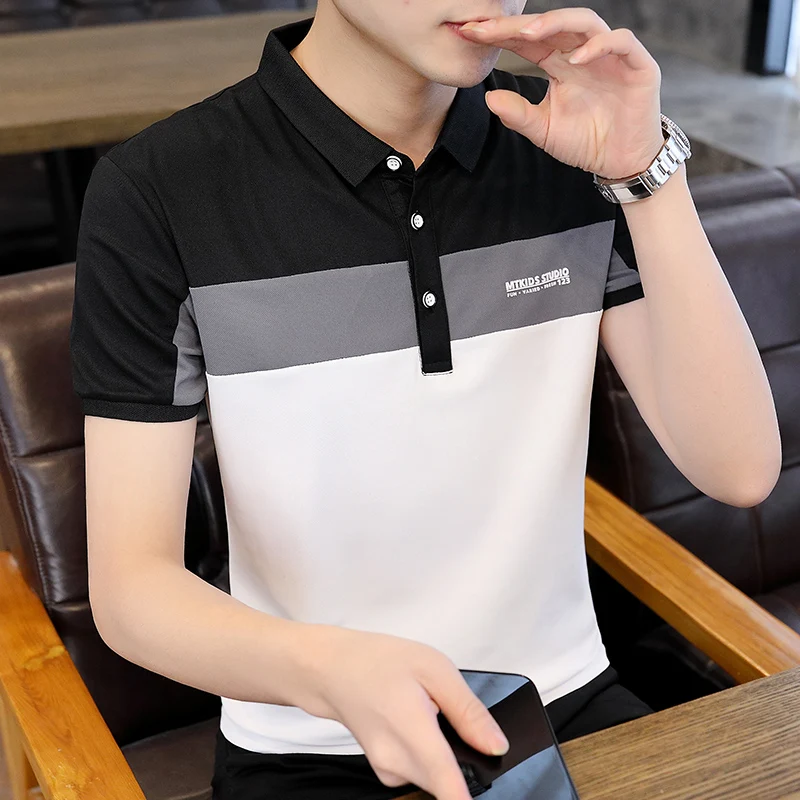 

High Quality Men Polo Shirt Business Casual Mens Striped Colorblock Men's Top Fashion Slim Thin Man Short Sleeve Shirt Hot Sale