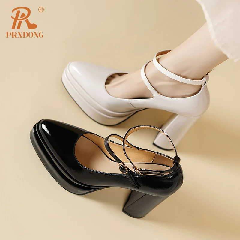 Женские туфли-лодочки с ремешком на щиколотке PRXDONG бежевые или черные толстой