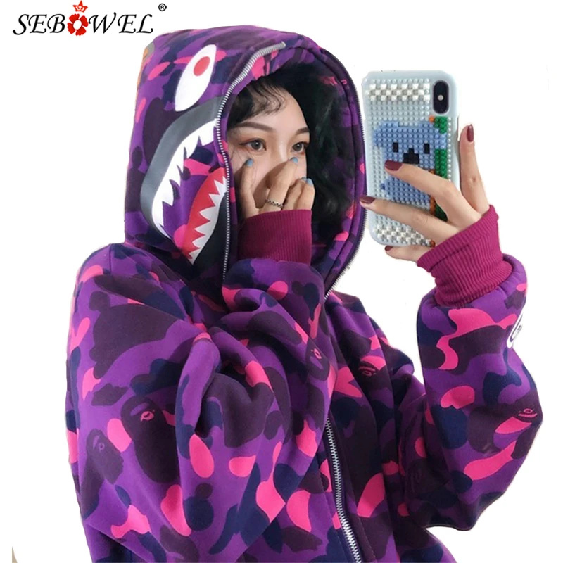 SEBOWEL Funny Shark Hoodies Women Men Harajuku  Zipper Sweatshirts Unisex Jacket Coat Japanese Shark Camouflage Hoodies