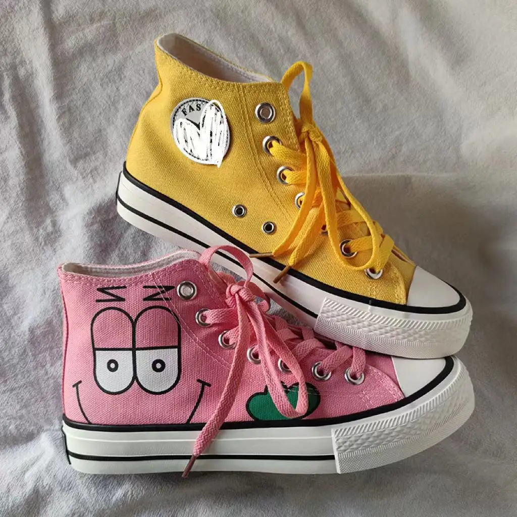Student Pink and Yellow Mandarin Duck Spring and Autumn High-top Thick-soled Sneakers Lace Up All-match Casual Canvas Shoes
