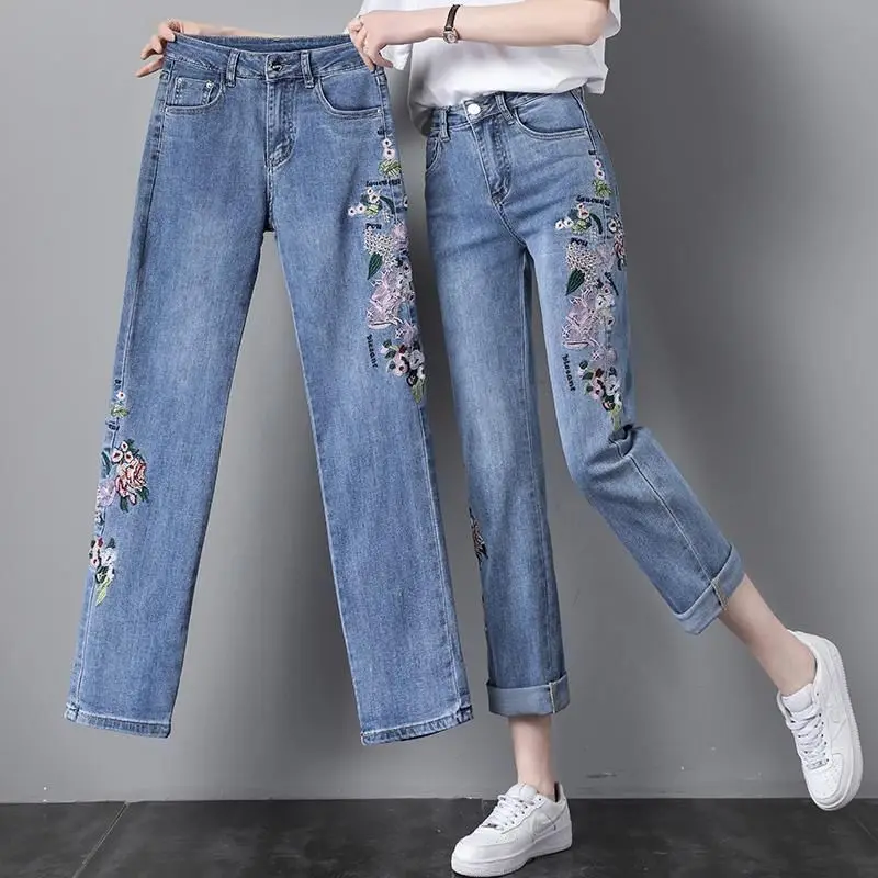 Straight Jeans Women's Summer Thin Section Loose High Waist Embroidered Ethnic Style with Flower Tide Straight Pants Trousers