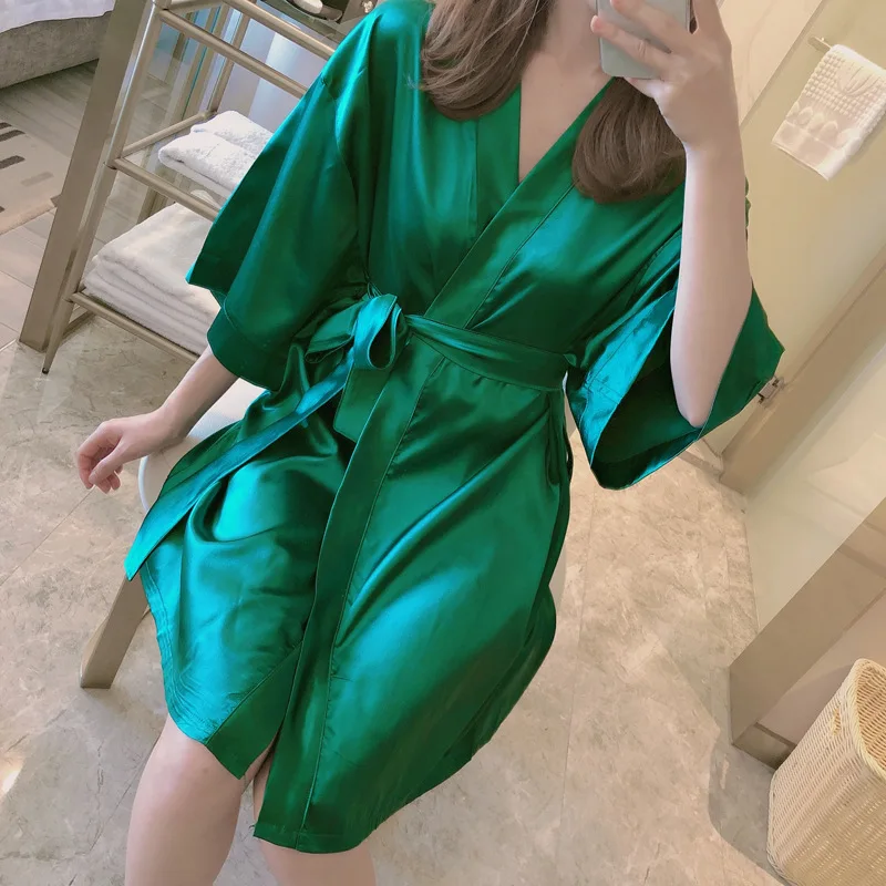 Pajamas women's summer new white sexy ice silk loose bathrobe satin simulation silk nightgown home service