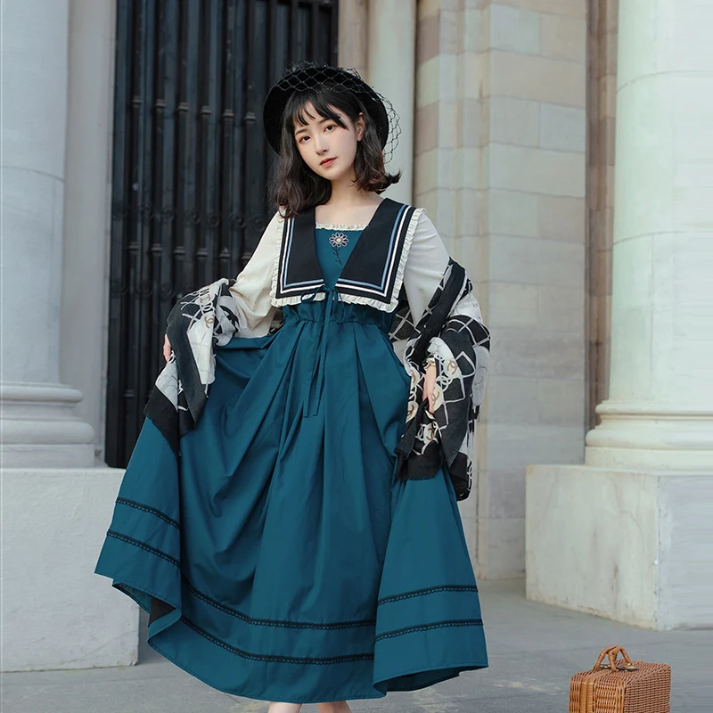 Summer Embroidered Lolita Dress Navy Collar College Style Long Sleeve Dress Vintage Girl Long Dress