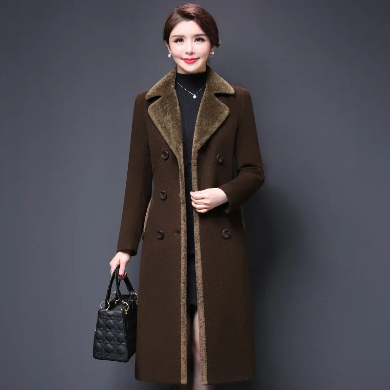 

Women Wool Blend Coat Winter Fashion Mother Double Breasted Thick Cashmere Collar Long Jacket Warm Slim Windbreaker Female C178