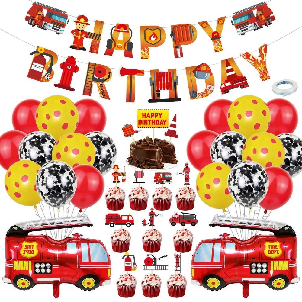 

1set Fireman Party Balloon Firetruck Happy Birthday Banner Kids Party Firefighter Theme Confetti Latex Ballon Baby Shower Decor