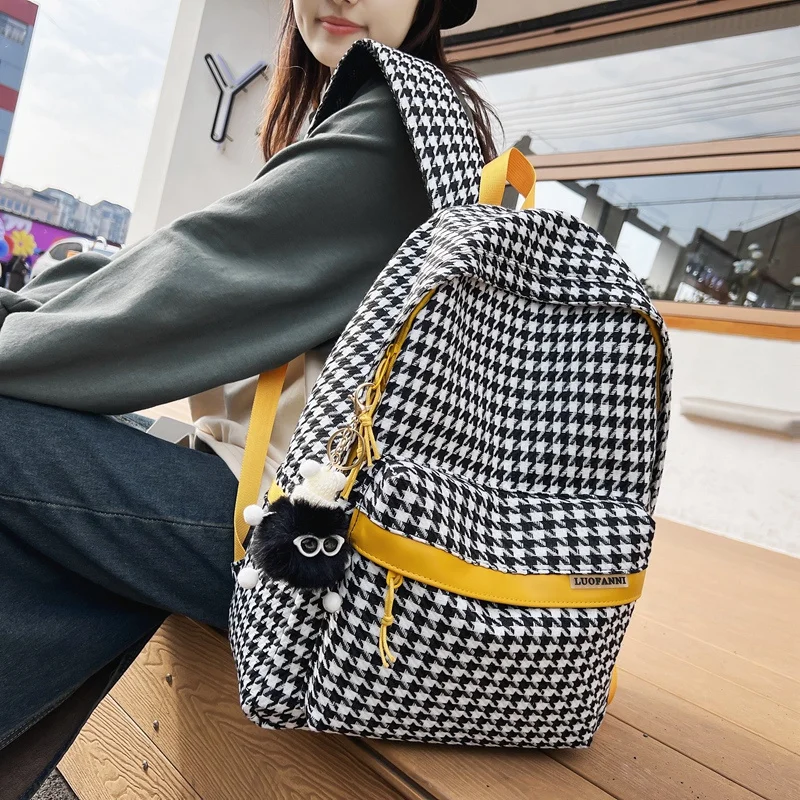 

Girl Female Kawaii Book Backpack Women Houndstooth Nylon Fashion Cute Casual School Bag Student College Trendy Ladies Knapsack