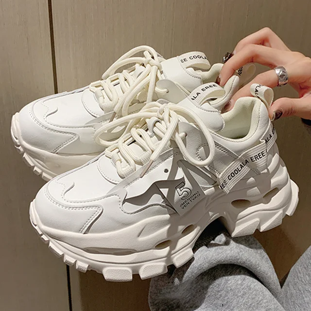 

Женские массивные кроссовки, дышащая Спортивная обувь на платформе, на шнуровке, толстая подошва, повседневные, бежевые