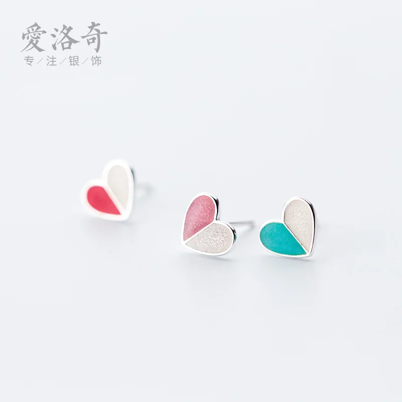 

S925Silver Ice Cream Stud Earrings Women's Korean-Style Cute Stitching Love Heart Stud Earrings Sweet Heart Ear Rings
