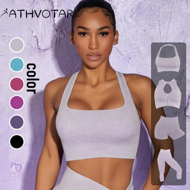 

ATHVOTOR Seamless Washed Thread Women's Yoga Set Workout Activewear Gym Wear Fitness Crop Top High Waist Leggings Sports Set