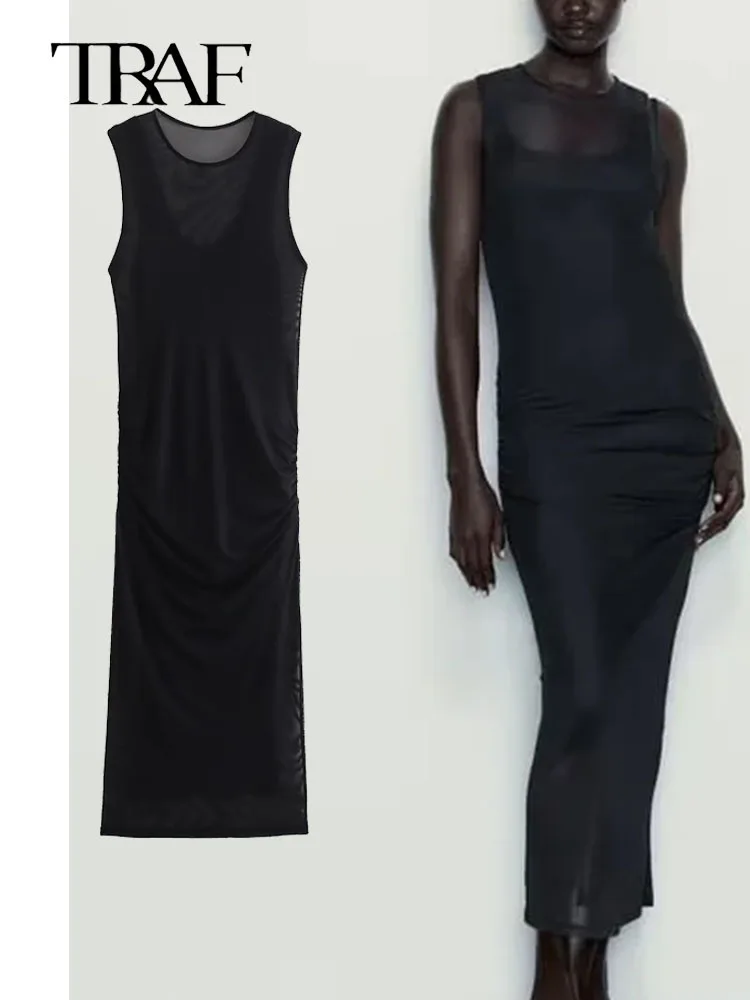 

TRAF 2023 Elegant Women Tie Dye Tulle Midi Dress Woman Mesh Bodycon Long Dress Female Summer Ruched Sleeveless Sexy Dresses