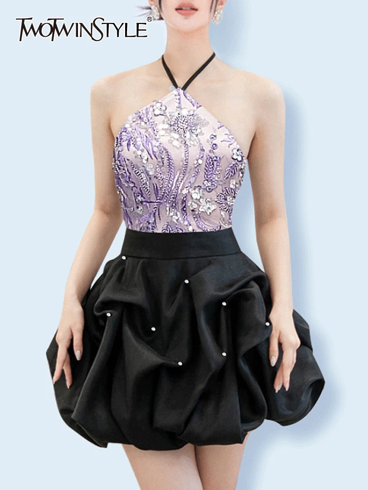 

TWOTWINSTYLE Hit Color Slimming Dresses For Women Helter Sleeveless Cold Shoulder High Waist Patchwork Diamonds Dress Female New