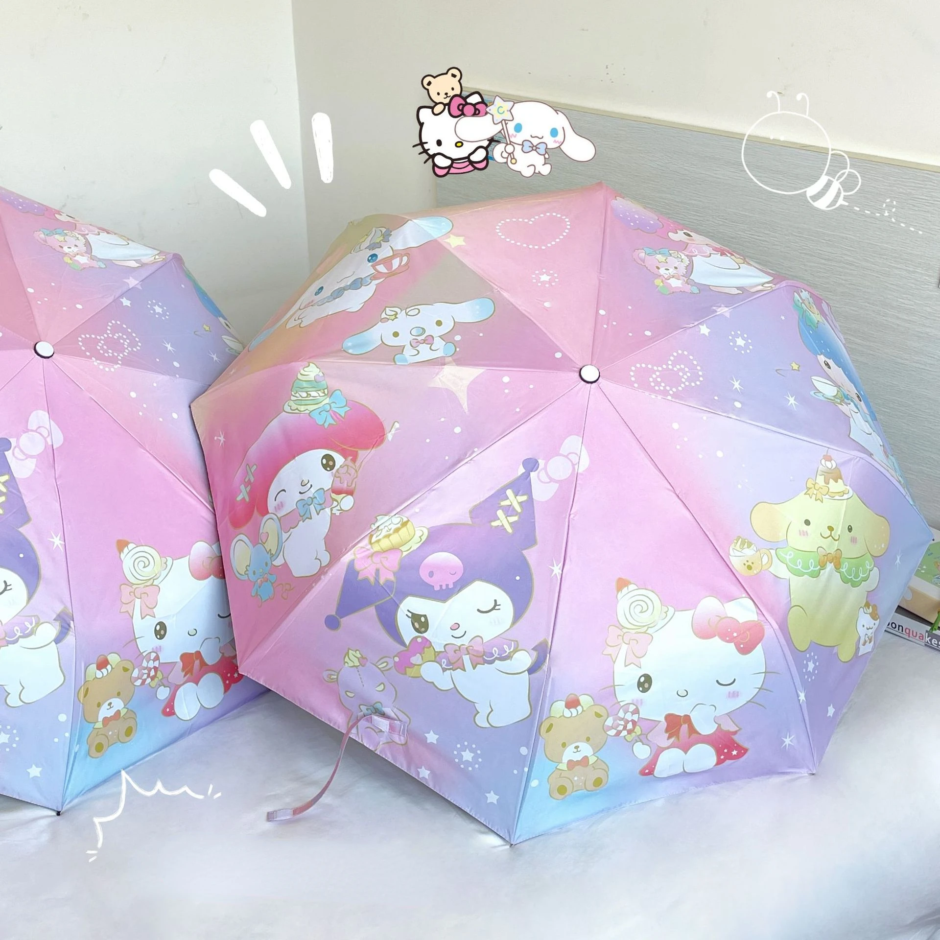 

Sanrio cartoon Kuromi My melody Cinnamoroll Kitty sunny and rainy dual-use automatic black glue anti-UV gradient color umbrella