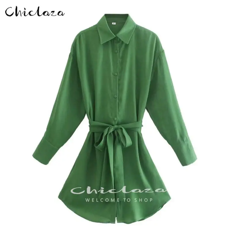 

CHICLAZA Women 2022 Spring Fashion Green Satin Mini Shirt Dress Casual With Belt Long Sleeve Autumn Elegant Party Dresses Ladies