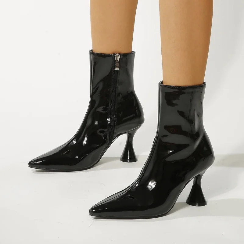 Autumn Women's Ankle Boots Ponited Toe Patent Leather Woman High Heels Boots Pumps Spike Heel Size 42 Elegant Botas De Mujer