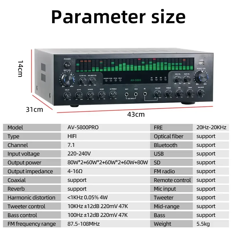 Фото AV-5800 PRO Мощный 7.1-канальный усилитель для домашнего кинотеатра и караоке с усиленным басом №5