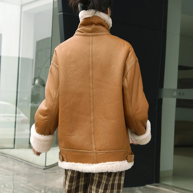 2023 New Spring Women's Leather Jacket Double Face Lamb Fur Lining Thick Coat Sheepskin Leather Long Jackets DJ3905