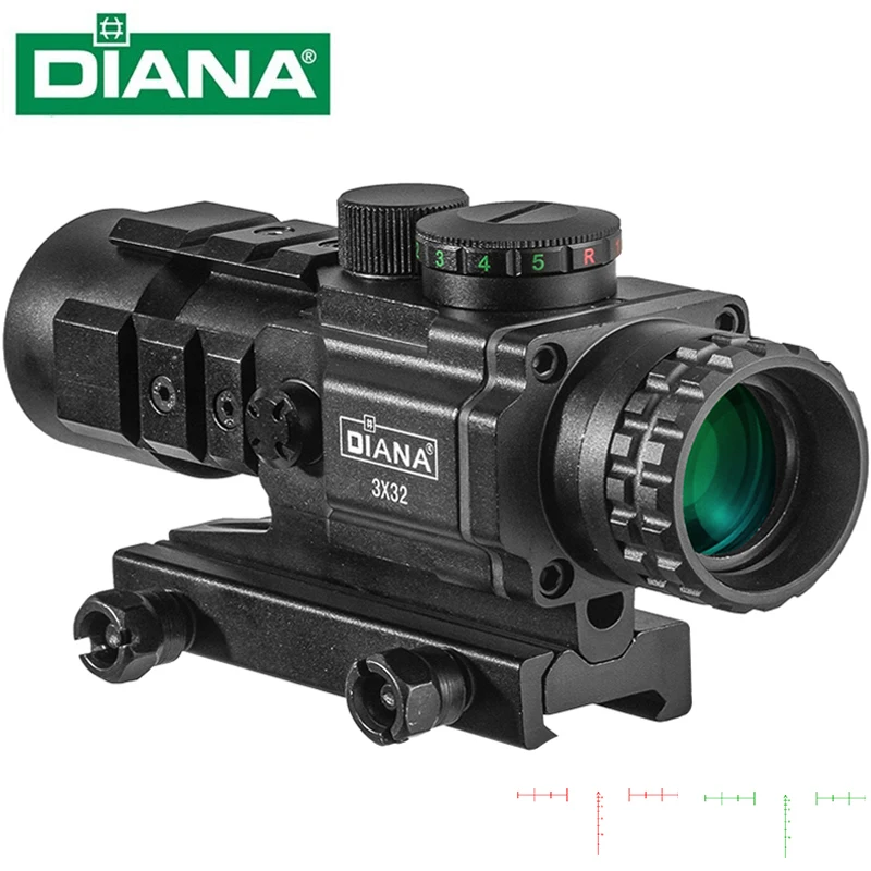 Diana 3X32 Red Dot Green Light Hunting Rifle Collimator Sight Tactical Optical Rifle Scope Spotting Scope for 20mm Rifle Hunting