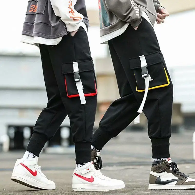 

Брюки-карго мужские с лентами, уличная модная повседневная одежда, удобные свободные штаны, дизайнерские брюки с красными краями и карманами