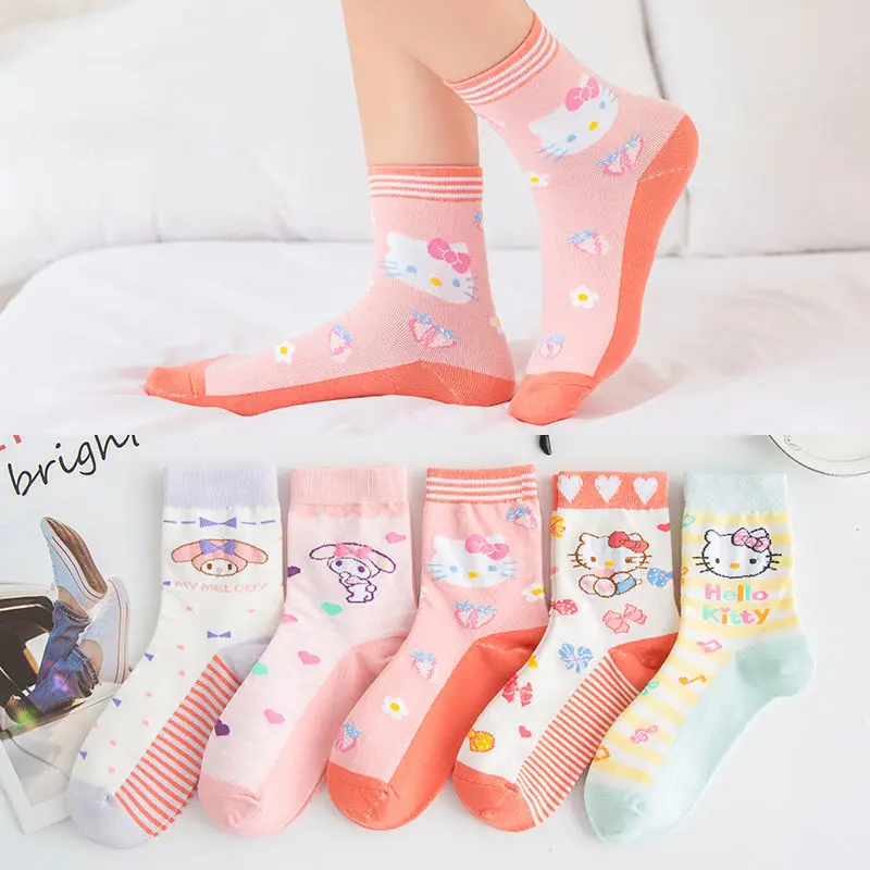 

5 шт., женские хлопковые носки с принтом «Hello Kitty»