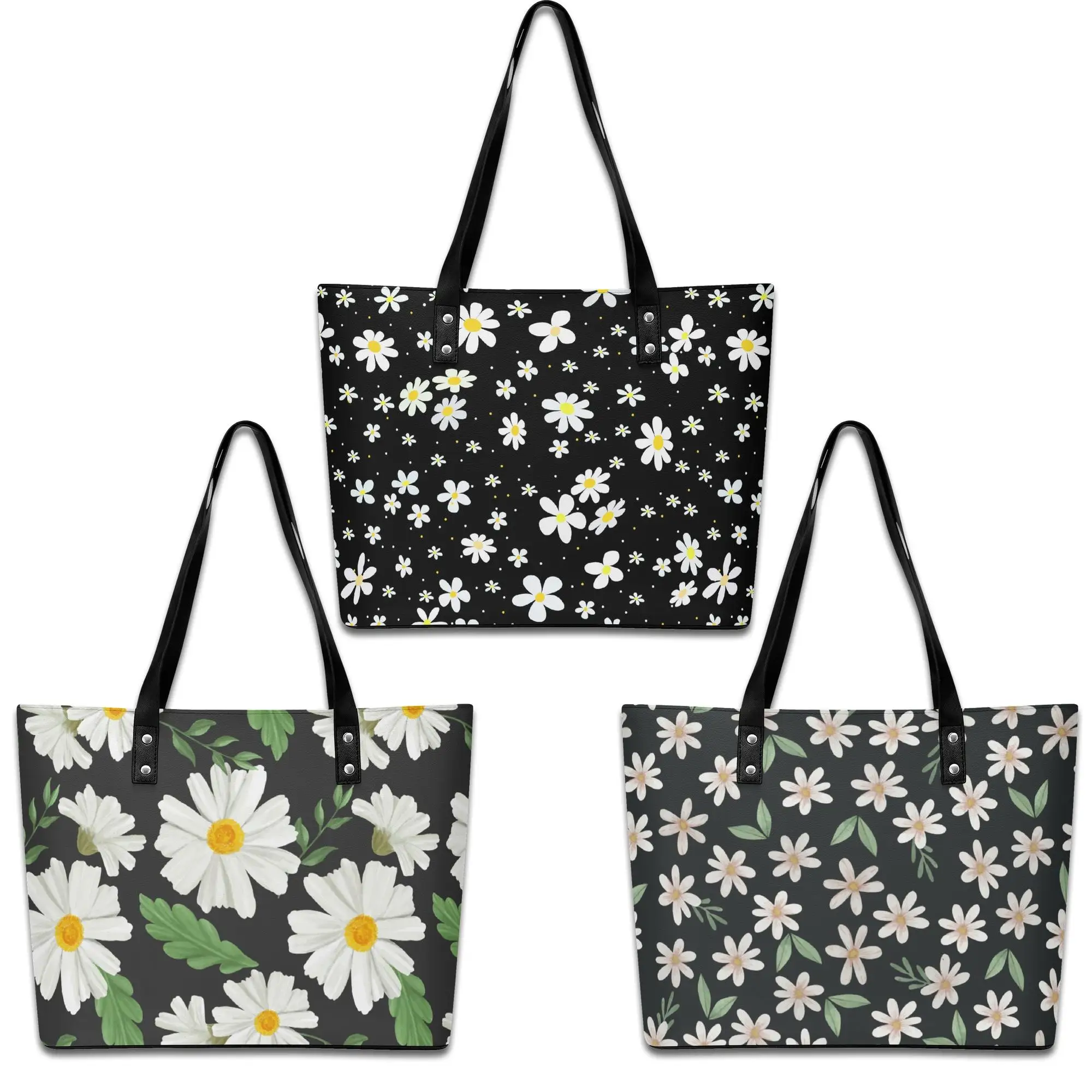 

Flower Daisy Print Designer Faux Leather Women Tote Bag Large Capacity Shoulder Strap Zipper Shoulder Bag For Shopping