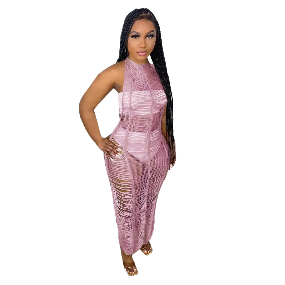 

Halter Backless Sexy Dresses For Women Sleeveless High Waist Lace-Up Hollow Out Dress See Through Beach Party Club Dress