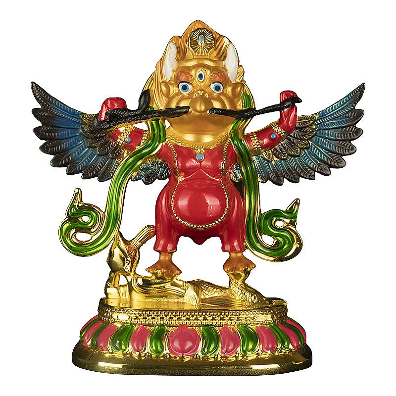 

Buddhist Tibetan Alloy Metal Gilding Colored Fengshui Suppliers Lucky Roc Garuda Great Golden-winged Peng Bird Character Statue