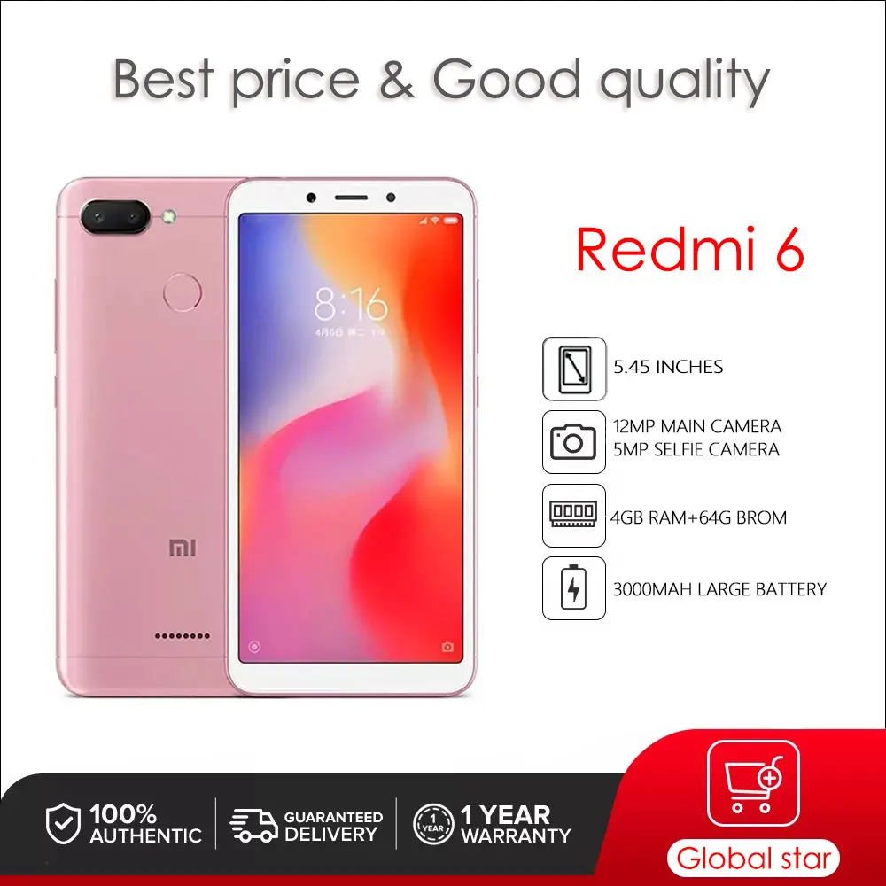 

Xiaomi Redmi 6 Original Refurbished Smartphone 4GB RAM 64GB ROM 12MP Android Cellphone Global ROM version Mobile Phone