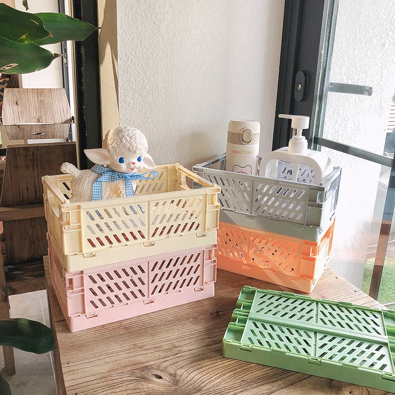 

Ins Desktop Plastic Storage Baskets Organizer Box Folding Stackable Toy Storage Basket with Handle Bathroom Storage Box Basket