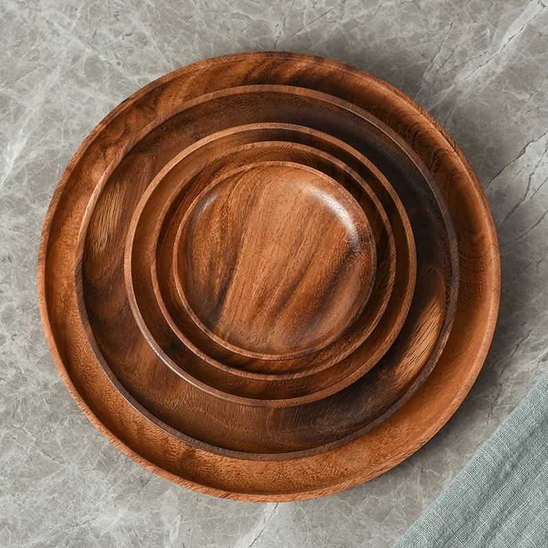 Japanese Household Dishes Acacia Wood Vintage Wood Dinnerware Set Plates Serving Platter set  Round Tableware Salad Dessert Tray