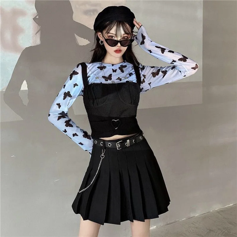 

Butterfly Print Mesh Blouse and Black Camisole Sexy 2 Piece Set Women Spring Autumn 2021 Harajuku Thin Long Sleeve Top Cropped