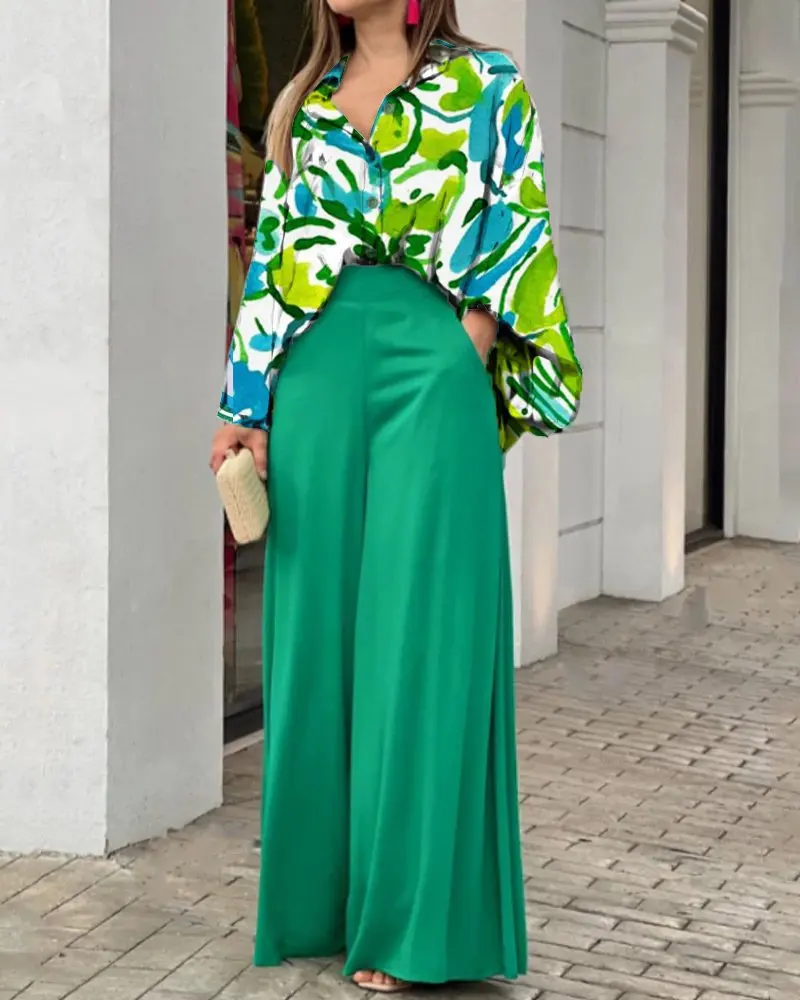 2022 Fall Clothes Green Elegant Office Shirt 2 Piece Sets Fashion Batwing Sleeve Wide Leg Women Two Piece Sets Womens Outifits