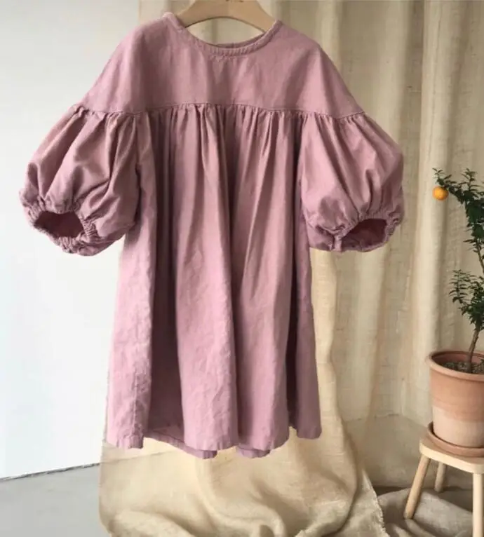 

Girls Casual Dresses spring solid color Cotton and hemp lantern 9 points sleeve Fashion loose dress Korean Style A-line dress