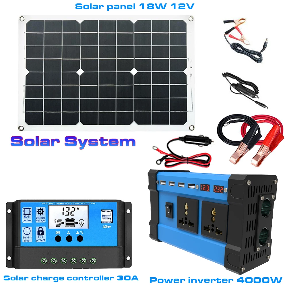 4000W Solar Panel Inverter 12V to 220V Solar Power Cell 30A 