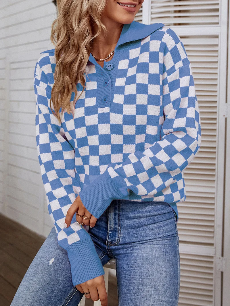 

Casual and comfortable Contrast Color Plaid Neck Sweater Women's Autumn/Winter 2023 New Knit
