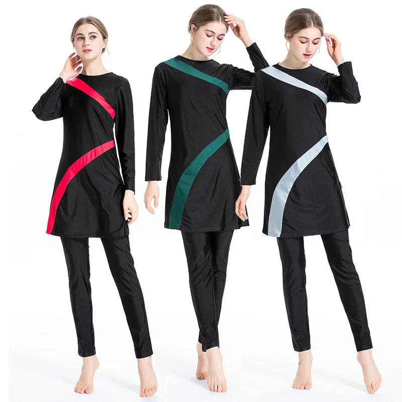 

3 Pcs/Set Long Sleeve Muslim Swimsuit Colorblock Conservative Swimwear Women Muslim Tracksuit Burkini Maillot De Bain Musulmane