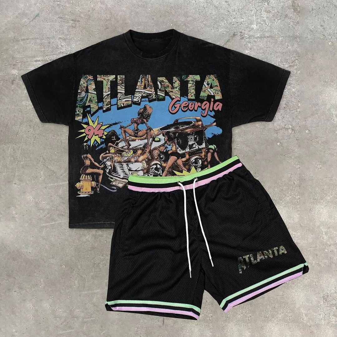 Men's Clothing Printed Pattern Set Summer Beach T-shirt Shorts Two-piece Street Daily Wear Unisex Casual Loose Fitting Set 2023