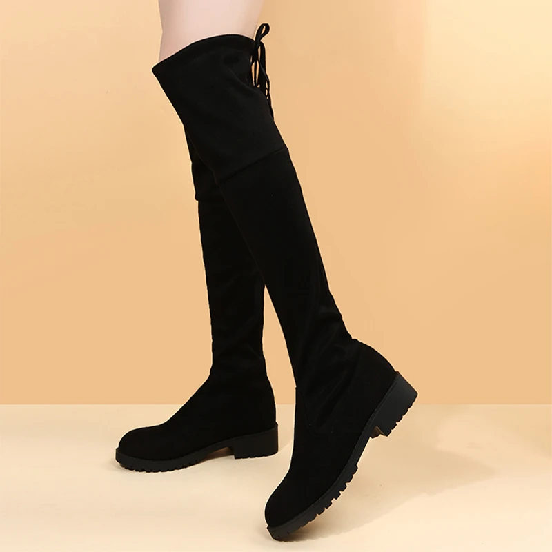 Женские сапоги-Челси выше колена теплые зимние сапоги на низком каблуке плоской