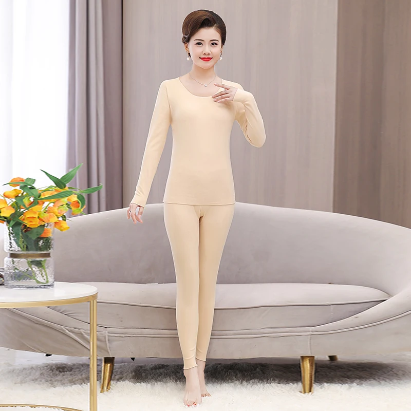 Winter Women Soft Warm Long Johns Thermal Underwear Sets Light Purple Pink Skin Color Black Comfort Pajama Top And Pant Sets