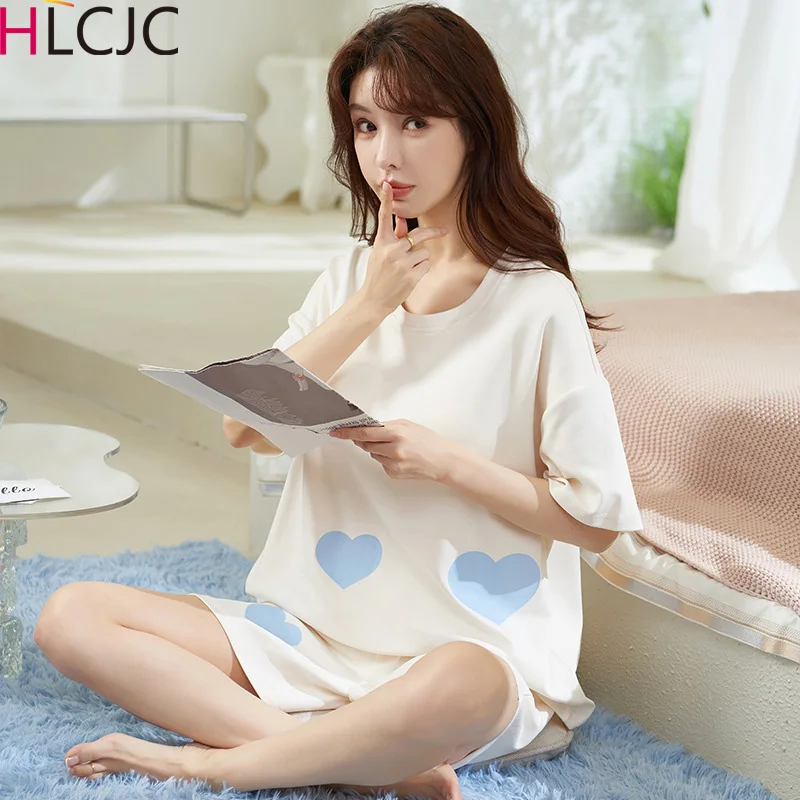 

Женская летняя Пижама с коротким рукавом и накладкой на груди, новинка 2023, Трикотажная хлопковая летняя Корейская Домашняя одежда больших размеров 2XL, женская одежда