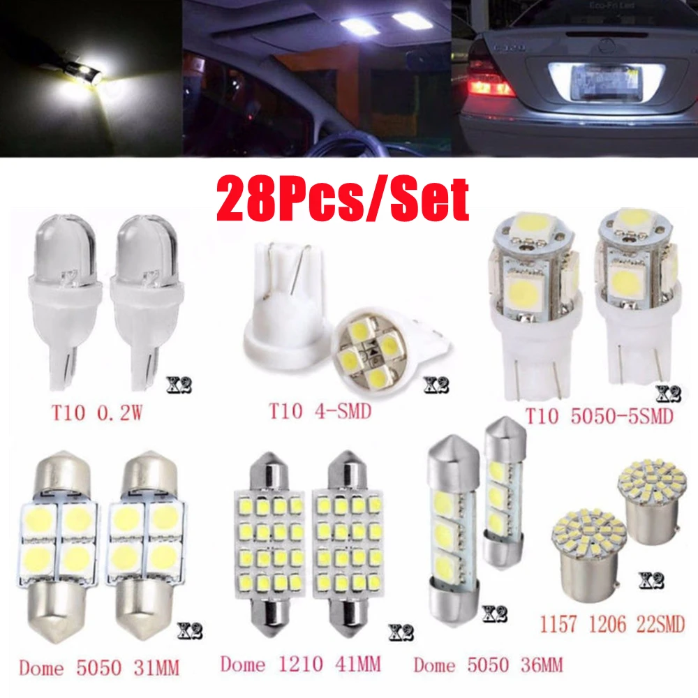 

28pcs / Set LED 1157 T10 31/36/41mm Car Interior Lights Map Dome License Plate Replacement Light Kit White Lamp Set