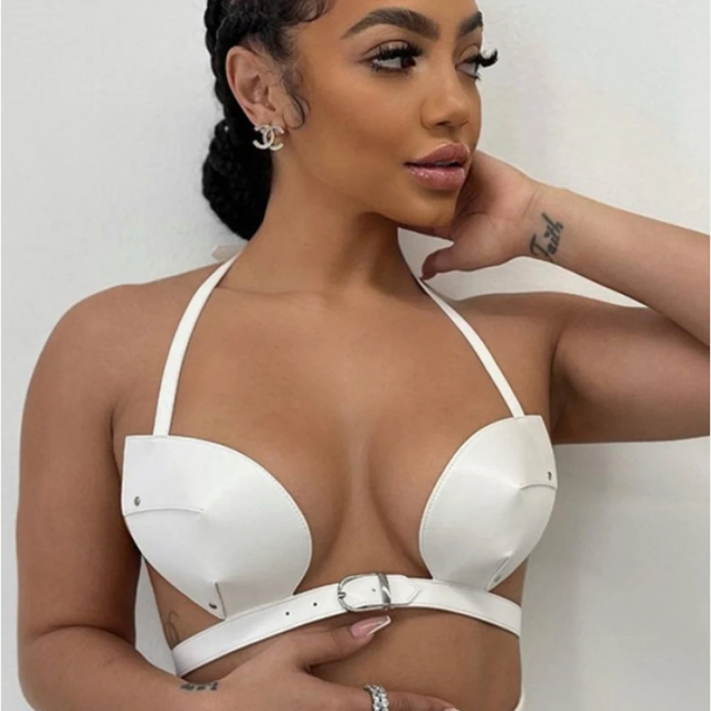 

Combhasaki Women Summer Pu Leather Bra Crop Tops Solid Color Buckled Halter-Neck Chest Wrap Sleeveless Vest Tops for Ladies