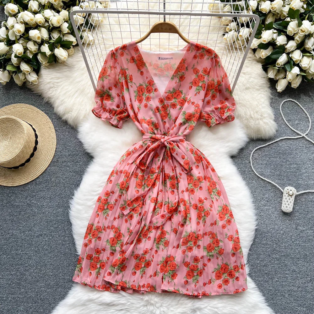

Vintage Floral Print Boho Dress For Holiday Women's Sexy V-neck Belt Waist Close Flower Dress Ladies Short Sleeve Vacation Dress