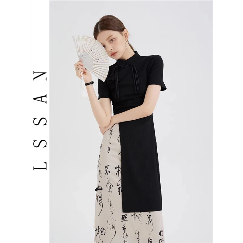 

Новинка, высококачественное асимметричное каллиграфическое платье в китайском стиле, Модный комплект из двух частей Qipao, женский летний костюм Hanfu