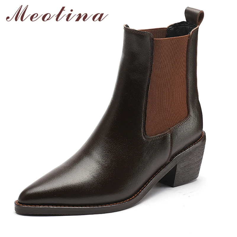 

Женские ботильоны челси с острым носком Meotina, модные короткие ботинки из натуральной кожи на толстом высоком каблуке, Осень-зима 42