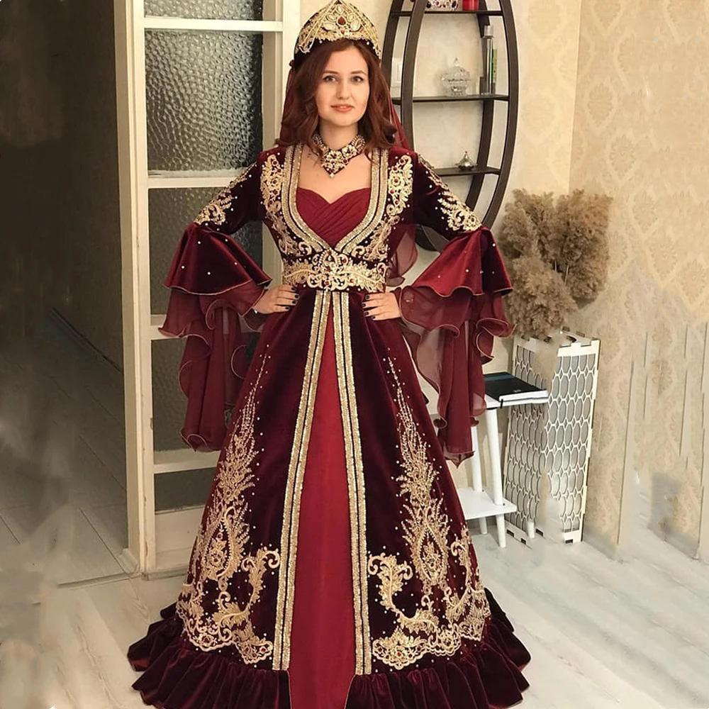 

Винтажное турецкое женское вечернее платье с расклешенными рукавами, бордовое бархатное длинное арабское свадебное платье для выпускного вечера, Gelinlik в Дубае