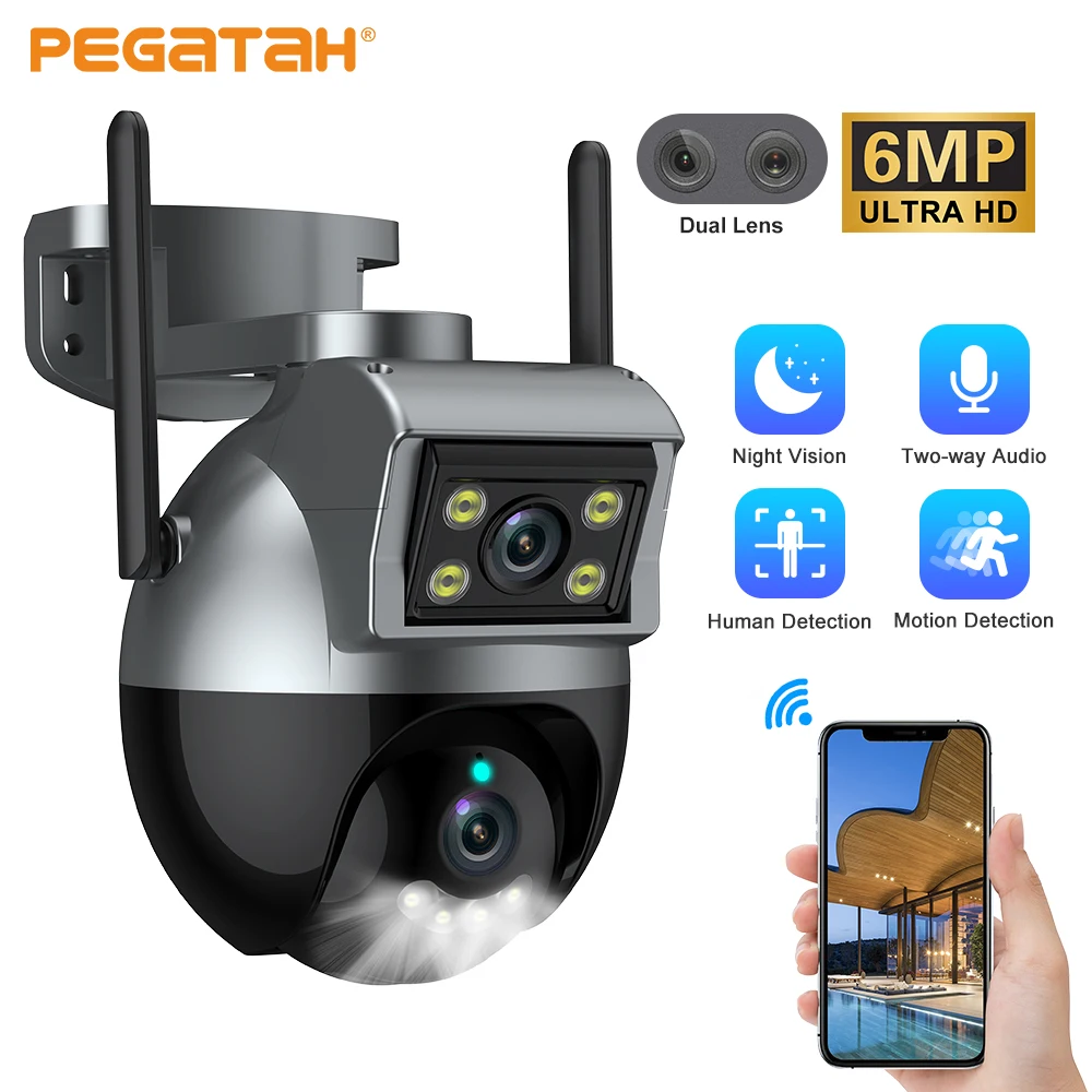 

IP-камера наружная, 3,6 мм, 2 объектива, 6 МП, Wi-Fi, PTZ